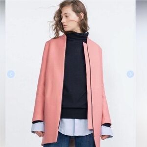 Zara Pink Wool Blend Straight Collar Long Length Peacoat EUC Size XS